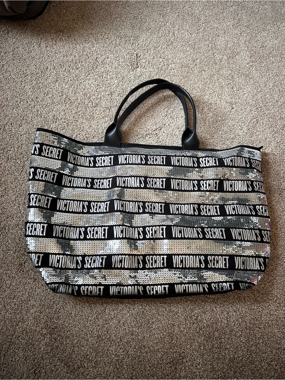 Victoria's Secret Black and Silver Logo Sequin Tote
